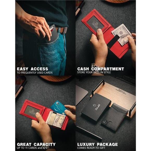 Slim RFID Bifold Wallet – 12 Card Slots, Money Clip & ID Window for Men ✨ - Picture 2 of 4